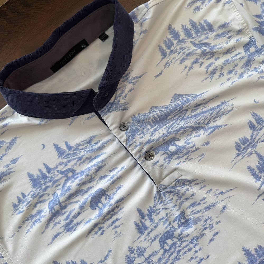 Greyson Polo Shirt Mens‎ XL Blue Wildlife Print Golf The Manor Contrast Collar